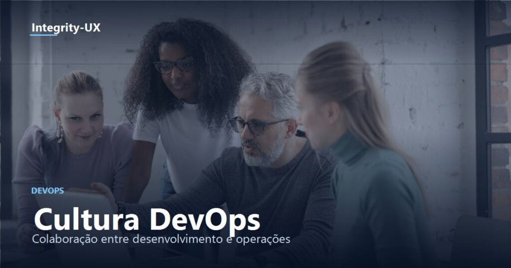 Time colaborando em torno de um notebook, ilustrando a cultura DevOps de colaboração entre desenvolvimento e operações