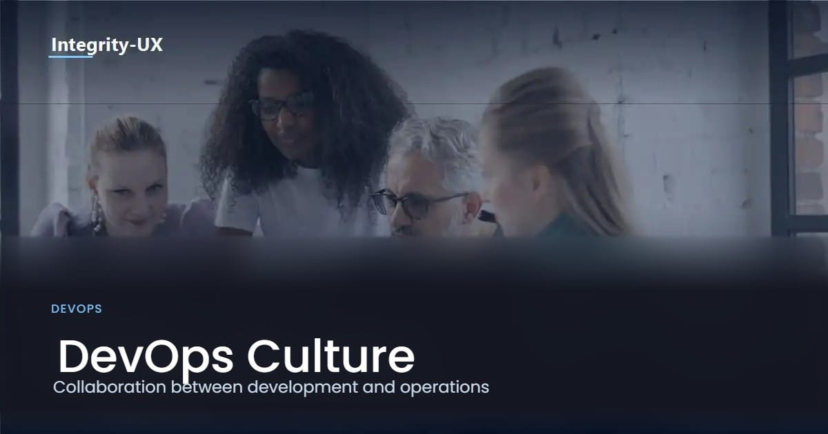 A team collaborating around a laptop, illustrating the DevOps culture of collaboration between development and operations