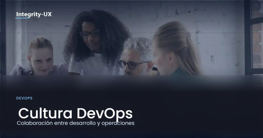Equipo colaborando alrededor de una laptop, ilustrando la cultura DevOps de colaboración entre desarrollo y operaciones