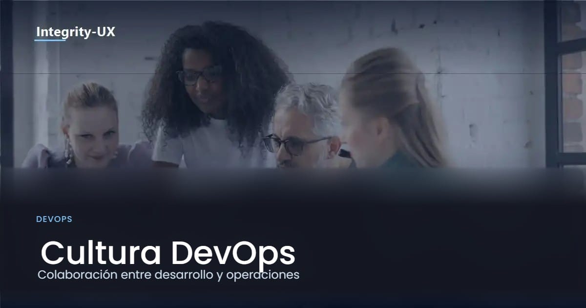 Equipo colaborando alrededor de una laptop, ilustrando la cultura DevOps de colaboración entre desarrollo y operaciones