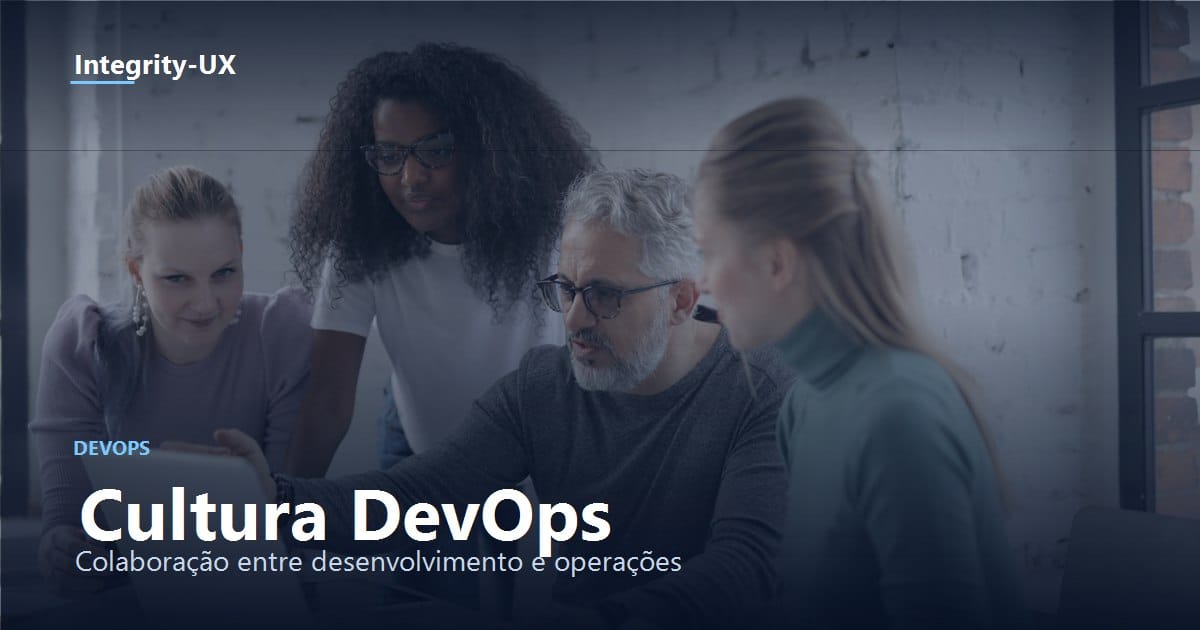 Time colaborando em torno de um notebook, ilustrando a cultura DevOps de colaboração entre desenvolvimento e operações