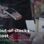 Card payment terminal and shopping basket at the supermarket checkout, illustrating the cost of out-of-stocks