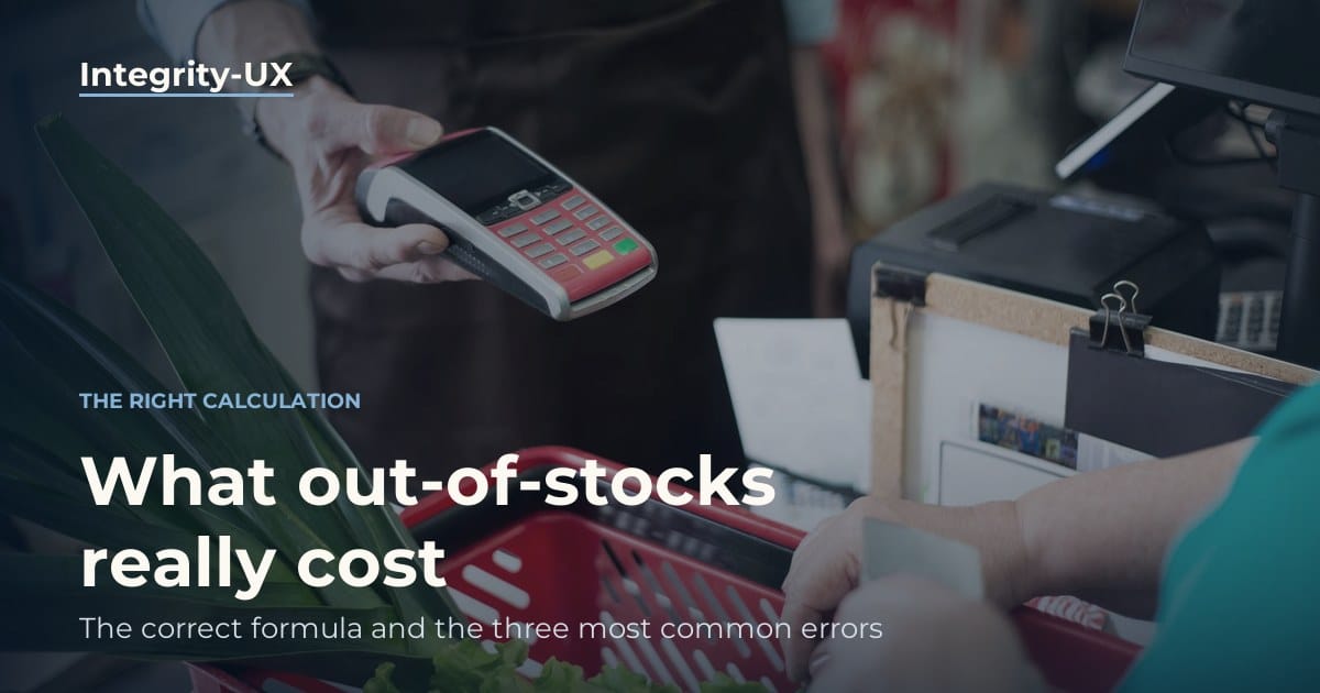 Card payment terminal and shopping basket at the supermarket checkout, illustrating the cost of out-of-stocks