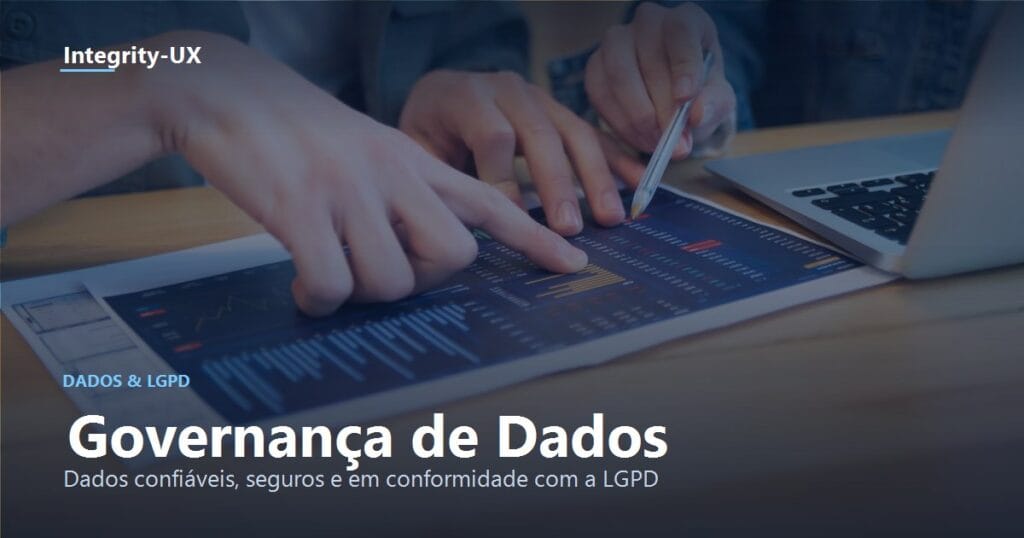 Duas pessoas analisando um dashboard de dados impresso ao lado de um laptop, ilustrando governança de dados