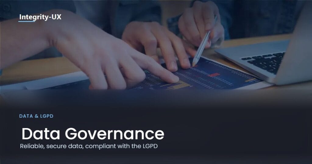 Two people reviewing a printed data dashboard next to a laptop, illustrating data governance