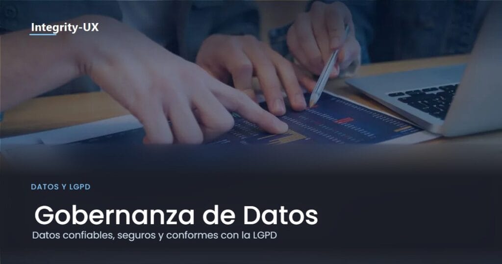Dos personas analizando un panel de datos impreso junto a una laptop, ilustrando la gobernanza de datos