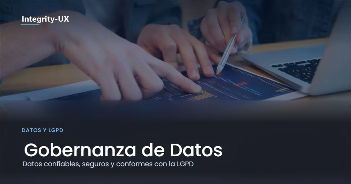 Dos personas analizando un panel de datos impreso junto a una laptop, ilustrando la gobernanza de datos