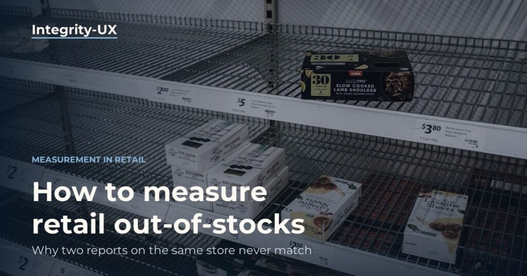 Supermarket shelf with replenishment gaps and price labels, illustrating out-of-stock measurement