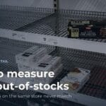Supermarket shelf with replenishment gaps and price labels, illustrating out-of-stock measurement