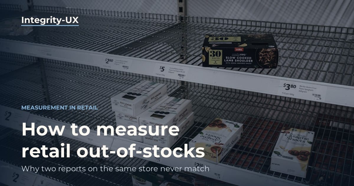 Supermarket shelf with replenishment gaps and price labels, illustrating out-of-stock measurement