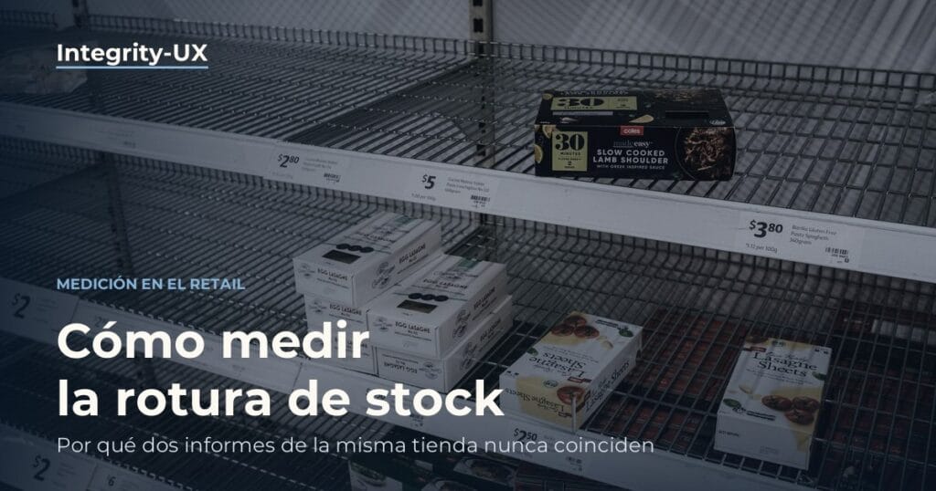 Estantería de supermercado con huecos de reposición y etiquetas de precio, que ilustra la medición de la rotura de stock