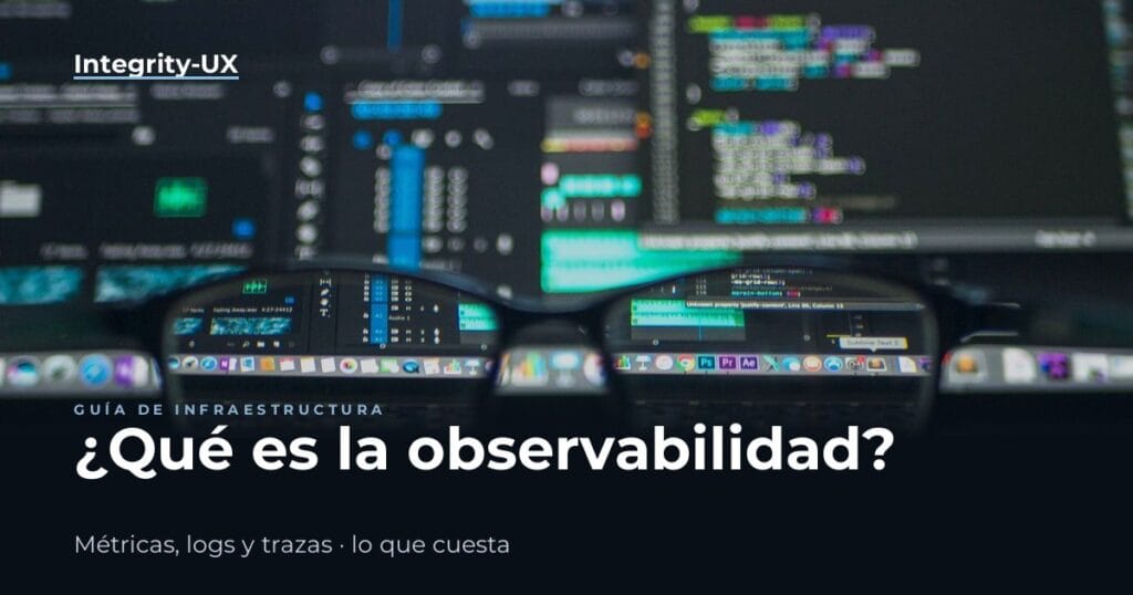Óculos diante de uma tela de código, com o texto nítido dentro das lentes, ilustrando o que é observabilidade